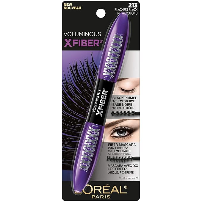 L'Oreal Paris Voluminous X Fiber Washable Mascara, Blackest Black, 1 Tube