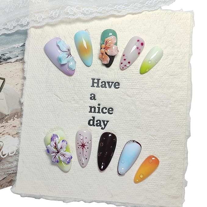 Almond Press on Nails Handmade Medium Long/Stiletto 3D Flower Fake Nail with Designs, Women Reusable False Nails (Floral Multicolor, M)