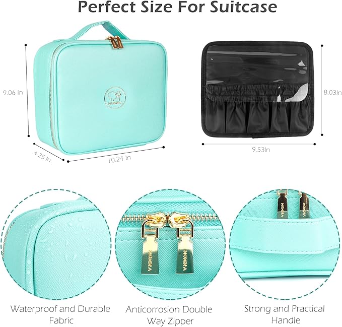 MOMIRA Travel Makeup Bag Cosmetic Bag Makeup Organizer Bag with Lighted Mirror, Adjustable Brightness in 3 Color Scenarios, Waterproof Makeup Train Case, Gift for Women - Aqua Blue