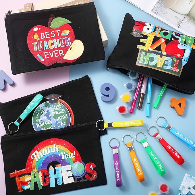 Capoda 56 Pcs Teacher Appreciation Gifts in Bulk 28 Inspirational Flax Cosmetic Bags for Women 28 Motivational Quote Keychains Thank You Gifts for Teacher's Day Graduation Back to School (Black)