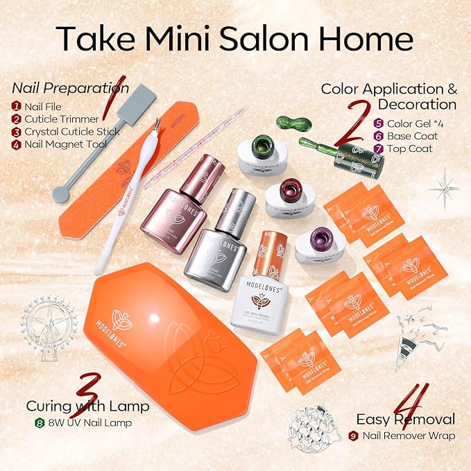 Modelones Cat Eye Gel Nail Polish Kit with U V Light, Gold Green Red Purple Magnetic Manicure Set with Base Top Coat Magnet 4 Colors Gel Mini Salon DIY Nail Art Starter Holiday Gift for Women Girls