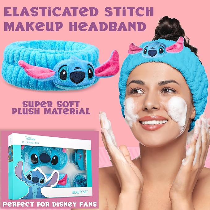 Disney Stitch Cooling Eye Mask & Beauty Accessories Set with Claw Clip Skincare Headband Cooling Eye Pads, Pampering Beauty Gifts for Women (Blue)