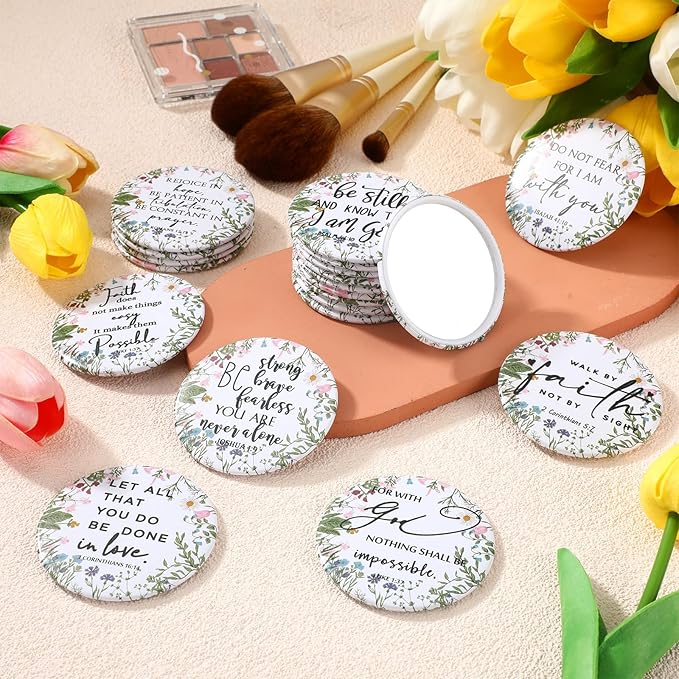 60 Pcs Mother's Day Christian Gifts Bulk Mini Christian Compact Mirrors Wildflower Bible Verse Pocket Purse Mirrors Religious Scripture Gifts for Women Spring Church Sunday School