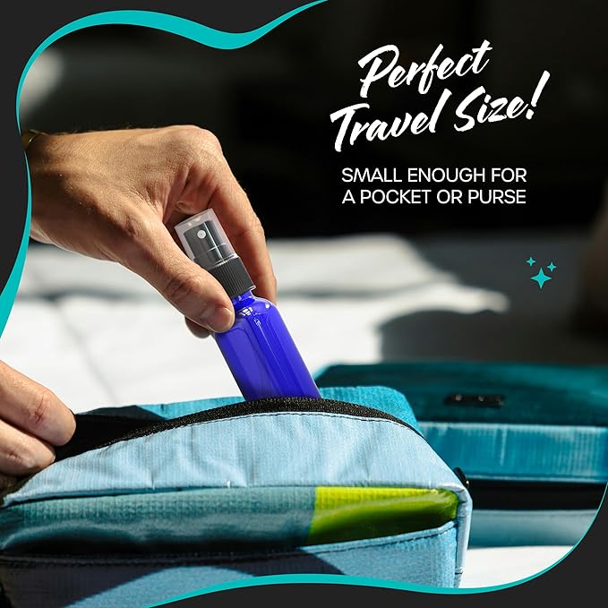 Nevlers 1 Oz Cobalt Blue Glass Spray Bottles Mist Sprayer 24 Pack | Small Spray Bottle Set w/Shrink Wrap, Funnel, Brush, Marker, & Labels | Misting Bottle Sprayer for Home | Travel Spritzer Bottles