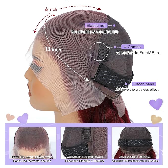 36 Inch 99J Burgundy Lace Front Wigs Human Hair 13x6 Lace Front Wigs Human Hair Body Wave HD Transparent with Baby Hair Red Wine Glueless Lace Front Wigs Human Hair Wigs for Women 180 Density