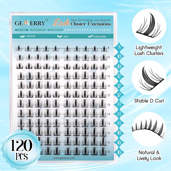 GEMERRY Fluffy Lash Clusters 8-16mm Extension With Ultra Thin Invisible Band - DIY Eyelash Clusters for Beginners