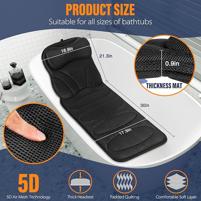 Full Body Bath Pillow for Bathtub, Thick Bathtub Cushion with Laundry Bag, Luxury Bath Tub Pillows for Headrest Neck and Back Support Gray 51" x 17"