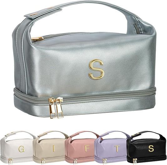Gifts for Women 30s, Personalized Makeup Bag with Handle, Initial Double Layer Cosmetic Bag with Makeup Brush Organizer, Cute Cosmetic Pouch for Women, Gifts for Friends Female Mom