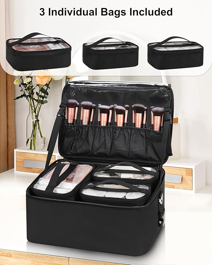 Relavel Makeup Bag Large Makeup Case Professional Cosmetic Storage Organizer Box Brush Holder with 3 Clear Set Bags & Lipstick Plate for Makeup Artists with Shoulder Strap & Adjustable Dividers