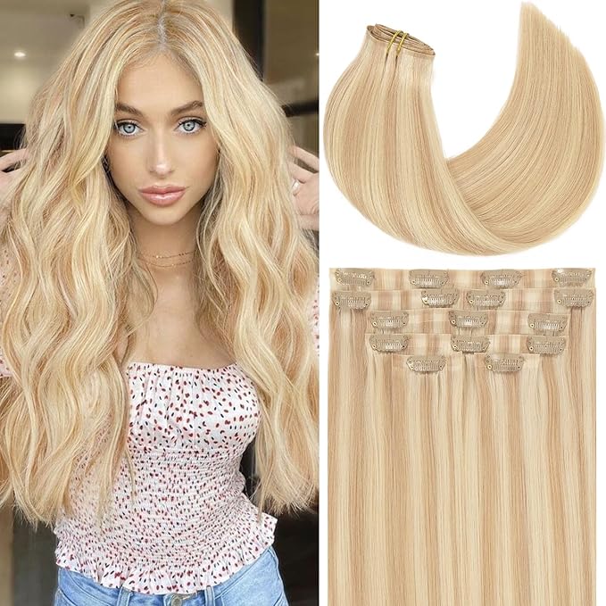 Clip in Hair Extensions 100% Remy Human Hair New Technology PU Weft Seamless Hair Extensions Natural Straight Light Golden Brown Mixed With Platinum Blonde Piano #12/60A 14inch 110gram 7pcs
