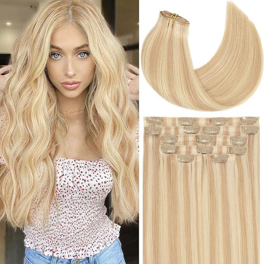 Loxxy Seamless Extensions Clip in Human Hair 16inch Seamless Clip in Hair Extensions Real Human Hair Pu Weft Blonde Hair Clip Extensions for Women Golden Brown Mixed Platinum Blonde 12/60A 110g 7pcs
