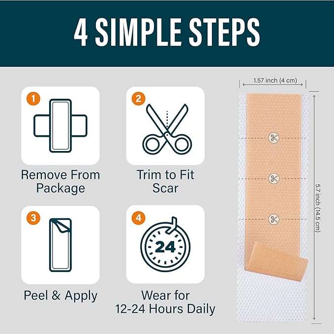 NUVADERMIS Silicone Scar Sheets - Extra Long Scar Sheets for C-Section, Tummy Tuck, Keloid, and Surgical Scars - Reusable Medical Grade Silicone Scar Sheets - Pack of 4 - Light Tone