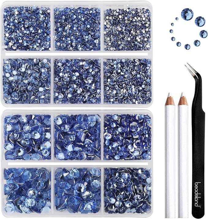 Beadsland 8300PCS Flatback Rhinestones, Light Blue Rhinestone Nail Gems Round Crystal Rhinestones for Crafts, Mixed 10 Sizes with Wax Pencil and Tweezer Kit, SS3-SS30, Light Sapphire