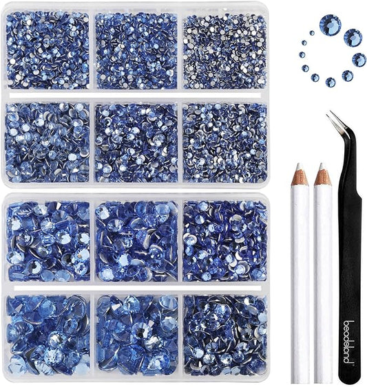 Beadsland 8300PCS Flatback Rhinestones, Light Blue Rhinestone Nail Gems Round Crystal Rhinestones for Crafts, Mixed 10 Sizes with Wax Pencil and Tweezer Kit, SS3-SS30, Light Sapphire