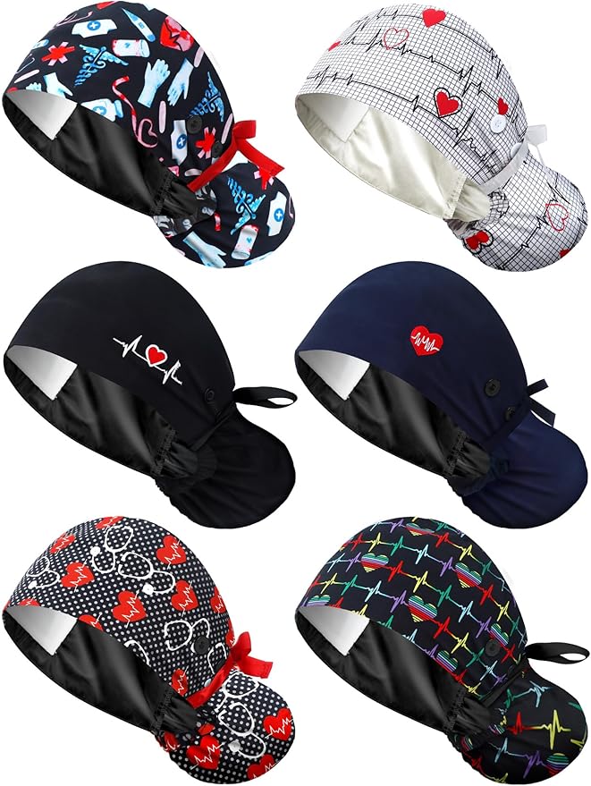 6 Pcs Satin Lined Scrub Caps Women Nurse Surgical Hat with Buttons Ponytail Working Adjustable Pouch Tie Back