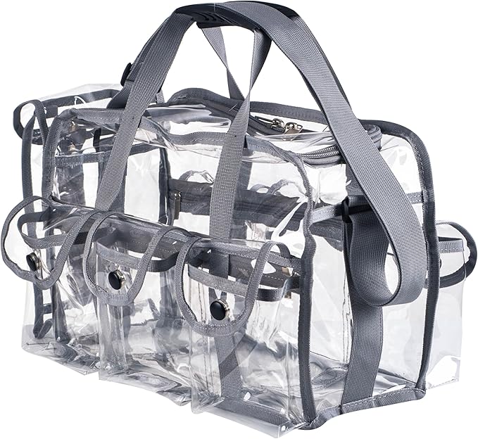 Wide Mouth Large Professional Clear PVC Travel Makeup Artist Set Bag Cosmetic Nails Beauty Bag Transparent Vinyl Tool Organizer Work Bag Beach Bag Diaper Bag with 6 External Pockets & Strap (Grey)