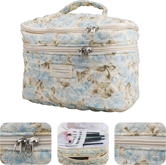 Dual Layer Cute Makeup Bag for Women(3 Pcs), Quilted Floral Coquette Aesthetic Make up Bags, Travel Cosmetic Bags Toiletry Organizer Bag(Blue Leaf)