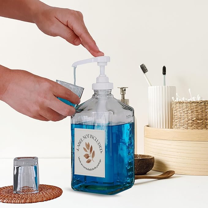 eBun 37oz Glass Mouthwash Dispenser for Bathroom, Countertop Container with Reusable Rinse Cups, Kids Mouthwash Pump, Elegant Mouth Wash Holder, Dish Soap Dispenser Set, Hand Soap Bottle, Decanter