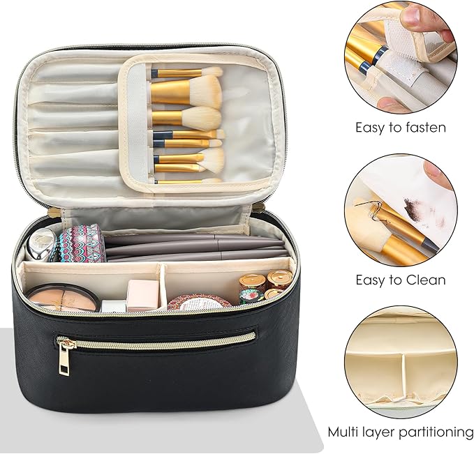 Travel Makeup Bag Organizer, Large Capacity Cosmetic Pouch for Women, Waterproof Make Up with Divider, Clamshell Makeup Case Make Up Bag with Handle and Metal Zipper, Travel Essentials Black