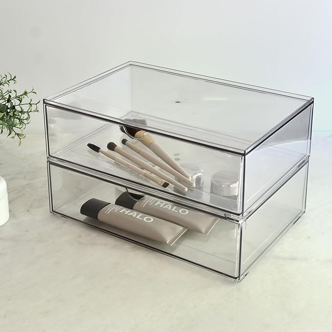 Youngever 2 Pack Large Stackable Organizer Drawers, Stackable Makeup Organizer, Stackable Makeup Storage, Clear Cosmetic Organizers, Makeup Organizer Drawers (12" x 7.5" x 3.5")