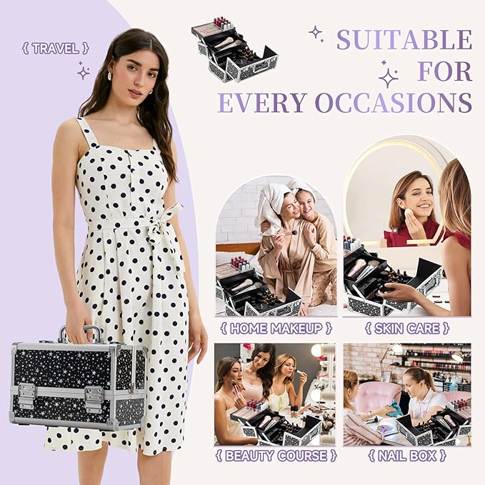 Leeora&Leekoo Makeup Train Case Cosmetic Box Portable Makeup Case Organizer 2 Trays Makeup Storage with Mirror for Cosmetologist Aesthetic Supplies Nail Tech Traveling Makeup Box (Flashing Star)