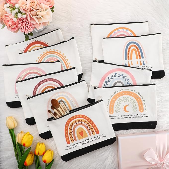 Sieral 30 Pcs Rainbow Canvas Makeup Bags Bulk Employee Appreciation Gifts Graduation Inspirational Cosmetic Bags Thank You Gifts for Teacher Secretary Coworker Volunteer Nurse(Vibrant)