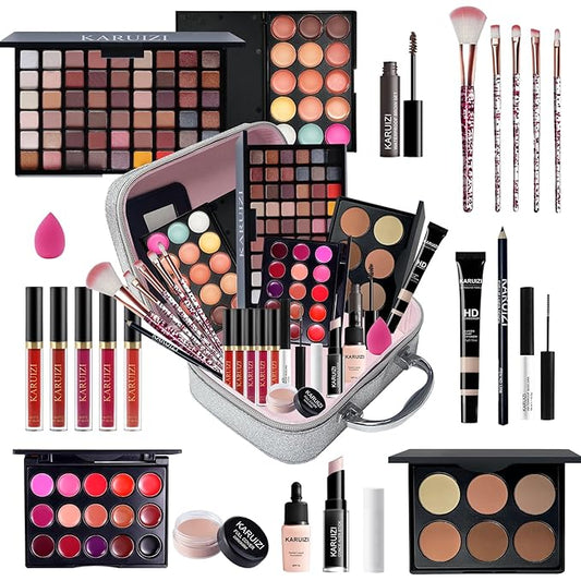 All in One Makeup Kit,Makeup Kit for Women, Teens and Girls, All-in-One Set with Eyeshadow Palettes, Lipsticks, Brushes, Storage Bag,Makeup gift set girls makeup sets ages 8-12 (Silver)