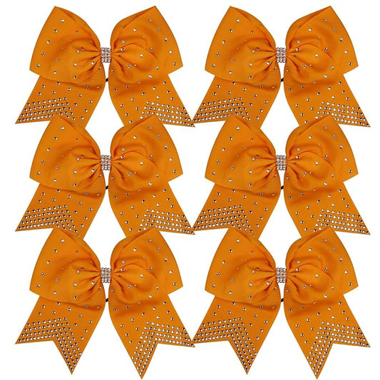 8 Inch Cheerleader Bows Ponytail Holder with Bling Fling Rhinestones Hair Tie Cheerleading Bows 6 Pcs (Orange)