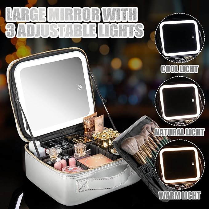Makeup Travel Train Case with Mirror LED Light 3 Adjustable Brightness Cosmetic Bag Portable Storage Adjustable Partition Waterproof Makeup Brushes Makeup Jewelry Gift for Women