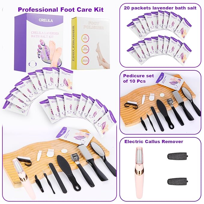 Electric Foot Callus Remover Lavender Foot Soak Salts set Callus Remover Pedicure Set includes 16 in 1 Foot Care Tools Foot File for Dead Skin Professional Pedicure Tools Two Replacement Roller Heads