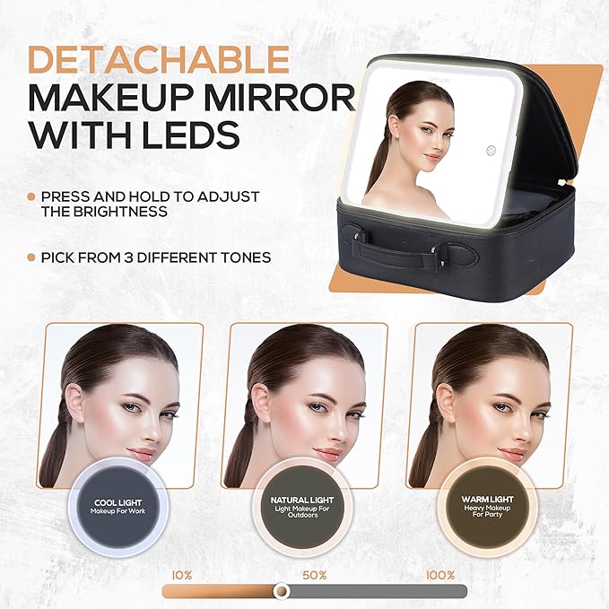 Makeup Bag Detachable LED Mirror With Stand 3 Adjustable Brightness 5x Zoom LED Travel Mirror Portable Cosmetics Case Brush Holder Organizer Adjustable Dividers Faux Leather Waterproof Gift