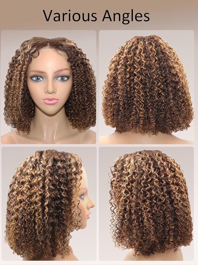 5×5 Kinkycurly Highlight Ombre and Brown Bob Wig Human Hair Glueless Wigs Human Hair Pre Plucked Pre Cut Short Curly Free Part Honey Blonde Hd Lace Closure Wigs Human hair for Black Women 12 Inch