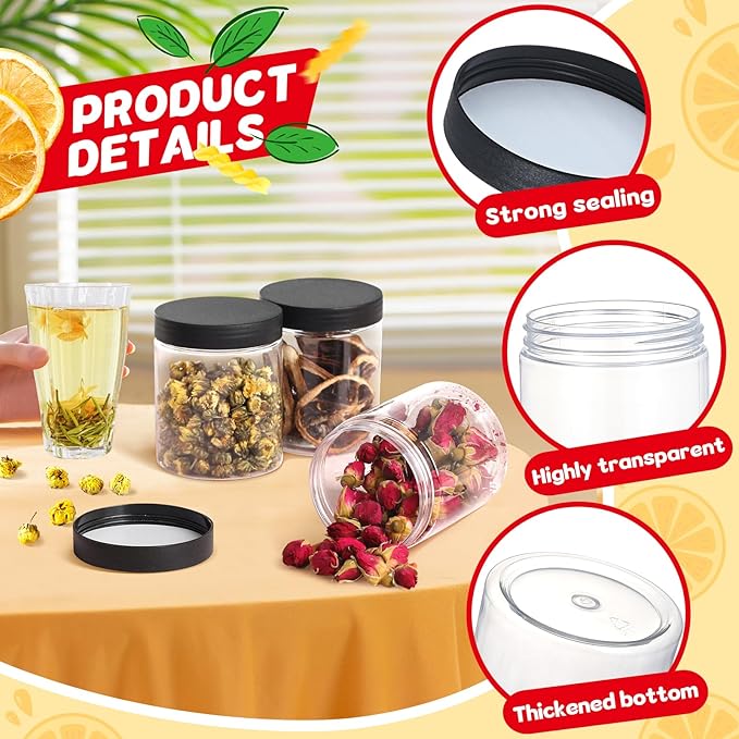 48 PCS 8 OZ Plastic Jars with Screw On Lids, Pen and Labels Refillable Empty Round Slime Cosmetics Containers for Storing Dry Food, Makeup, Slime, Honey Jam, Cream, Butter, Lotion, black
