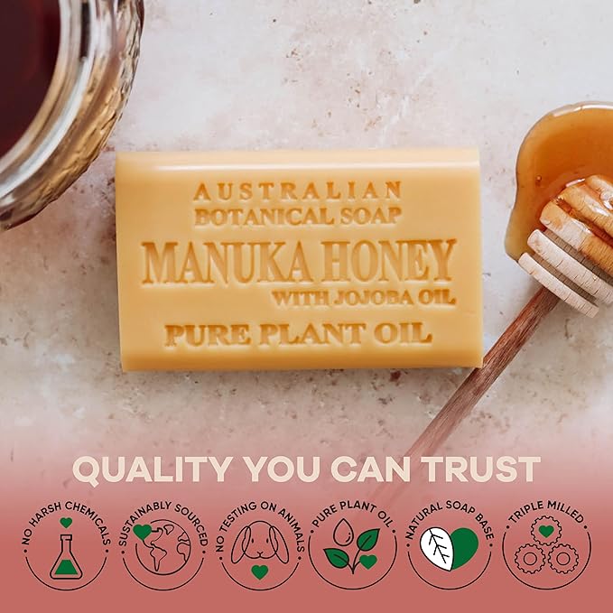Australian Botanical Soap Manuka Honey with Jojoba Oil 6.6 OZ Luxury Soap Bars Enriched with Shea Butter Suitable for Men, Women and All Skin Types, Pack of 4