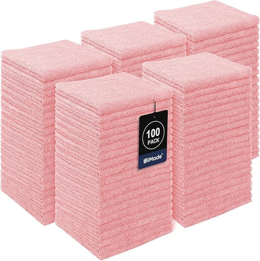 Washcloths Bulk - 100 Pack - Face Towel (12" x 12"), Highly Soft Wash Cloth and Hand Towels, Fast Drying Multi-Purpose Microfiber Cleansing Cloths for Bathroom, Hotel, Spa, and Salon - Pink