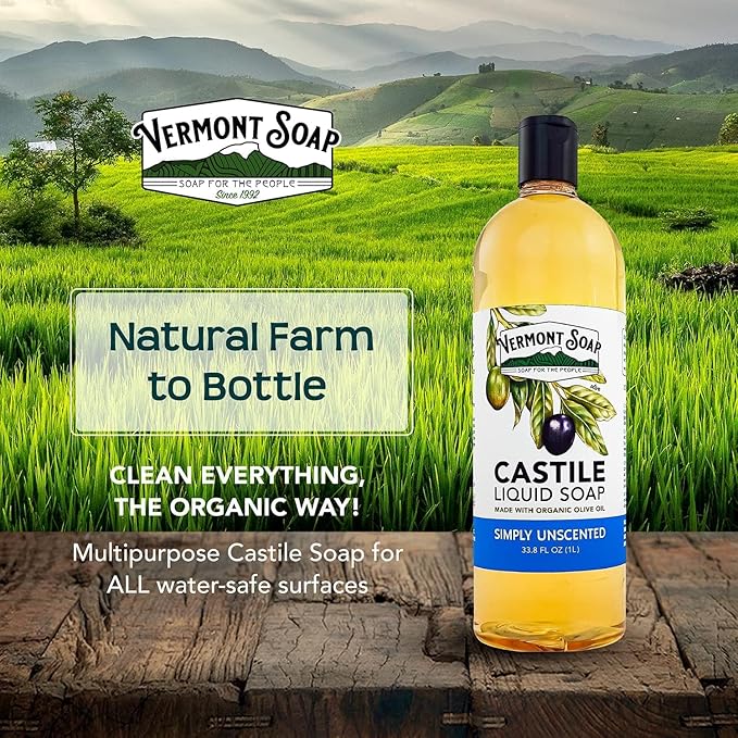 Vermont Castile Unscented Gentle Liquid Soap for Sensitive Skin, Natural Body Wash, Organic Hair Shampoo for Oily Hair, Aloe for Men & Women - 33.8 Oz