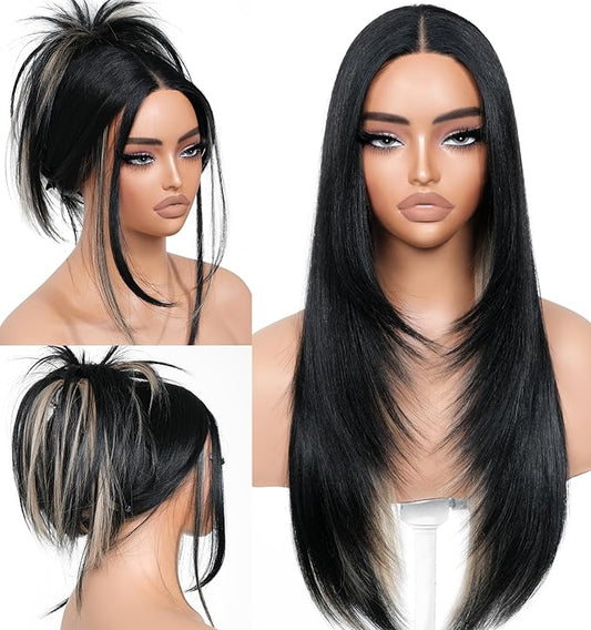 Black Blond Skunk Stripe Wear and Go Glueless Wigs Pre Plucked Pre Cut for Beginners Synthetic Lace Front Wigs With Bangs Long Straight layered Wigs Highlights 26 Inch 3 Seconds to Wear