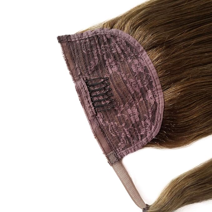 Ponytail Hair Extensions Remy Hair Ponytail Extension Clip in Hair Extensions Wrap Around Ponytail Hair Extensions Ash Brown Human Hair 16 inch Ponytail Natural Hair Extensions Straight for Women 80G