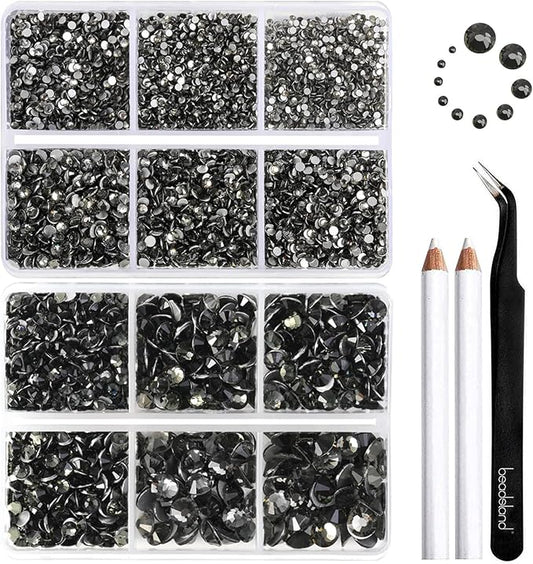 Beadsland 8300PCS Flatback Rhinestones, Gray Rhinestone Round Crystal Rhinestones for Crafts, Mixed 10 Sizes with Wax Pencil and Tweezer Kit, SS3-SS30, Black Diamond