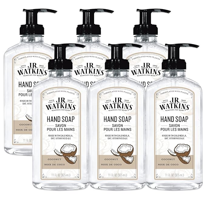 J.R. Watkins Gel Hand Soap, Scented Liquid Hand Wash for Bathroom or Kitchen, USA Made and Cruelty Free, 11 fl oz, Coconut, 6 Pack