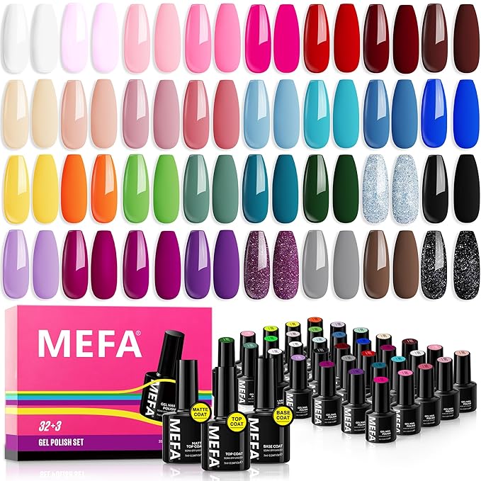 MEFA 35 Pcs Gel Nail Polish Set, 32 Colors Spring Collection Gel Nail Polish Pink Green Nail Art Manicure DIY Home Gifts for Women Girls Beginners