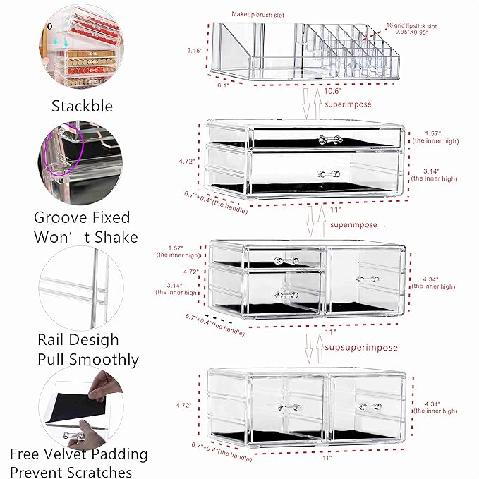 Cq acrylic 4 Pack Clear Skincare Organizer for Vanity,Stackable 7 Drawers Make Up Organizer,Cute Cosmetic Organizers for Vanity Jewelry,Hair Clip,Beauty,Skincare Product Dresser Acrylic Desk Organizer