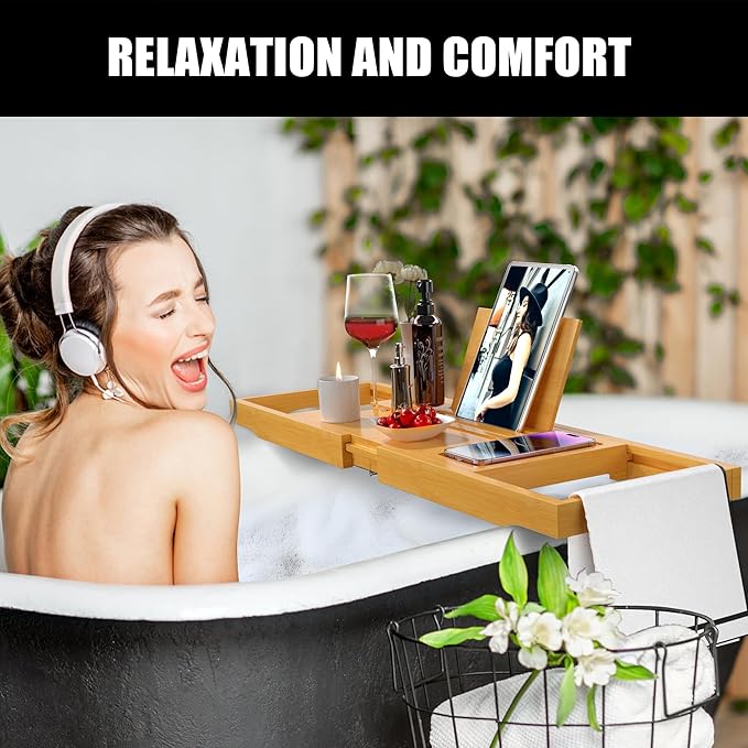 Premium Bathtub Caddy Tray,Expandable Bamboo Bath Tray for Tub,Foldable Minimalist Bathroom Accessories with Book Stand for Home Spa Relaxing,Unique House Warming Gifts,Natural