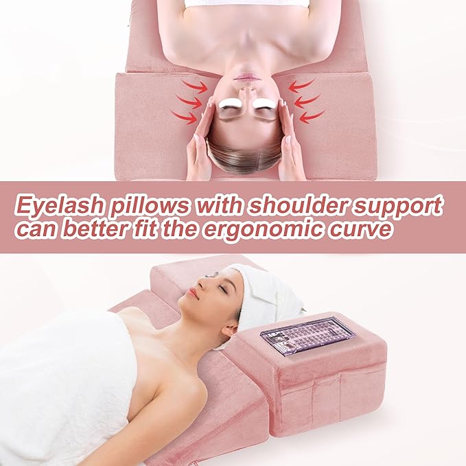 BALAPET Lash Pillows for Eyelash Extensions Ergonomic and Comfortable Velvet Foam Eyelash Pillow for Neck and Back Support Pillow Side Pockets can be Placed Tools,Easy to Graft Eyelashes(Pink)