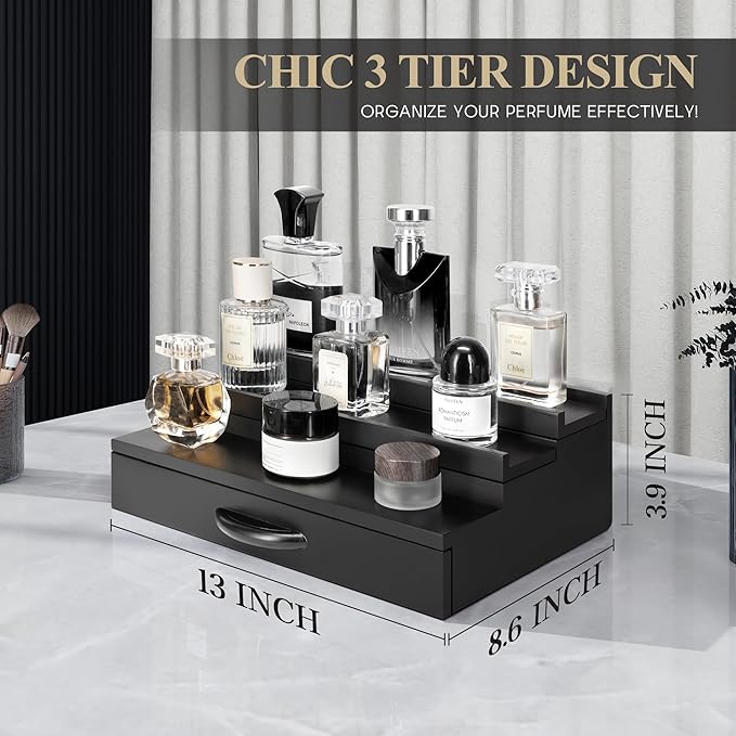 EOSAHR Modern Cologne Organizer for Men - 3 Tier Cologne Display with Storage Drawer - Perfume Organizer with Hidden Compartment - Great Gift for Dad and Boyfriend (Black)
