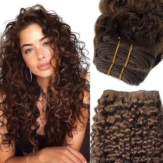 Sew in Hair Extensions Real Human Hair, Hand Tied Human Hair Weft Extensions 16 Inch Chocolate Brown Double Weft Full Head Curly Human Hair Weaves Bundles 100G Hair Weft Weave Hair Extensions