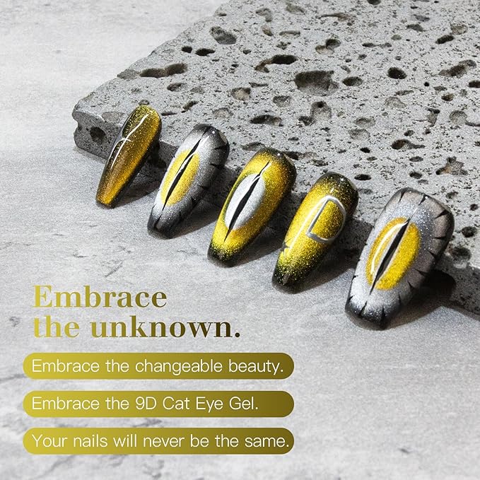 9D Cat Eye Gel Nail Polish Set, 15ml Black Gel + 15ml Gold Glitter Cat Eye Gel, Includes Silicone Handle Cylinder Magnetic Stick for Mesmerizing 9D Effects