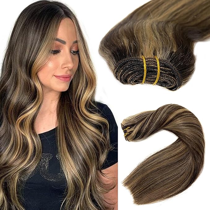 Sew in Hair Extensions Real Human Hair,Dark Brown and Blonde Balayage Weft Hair Extensions Human Hair Bundles, 80G 14Inch Hand Tied Weft Hair Extensions Human Hair Wefts Sew in Extensions for Women