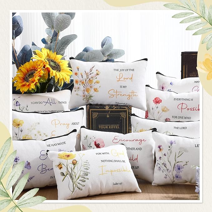 Jetec 30 Pcs Christian Gift for Women Religious Mother's Day Gifts Cosmetic Bags Inspirational Bible Verse Pencil Pouch Makeup Bags with Zipper for Travel Women Mother Sister(Flower Style)