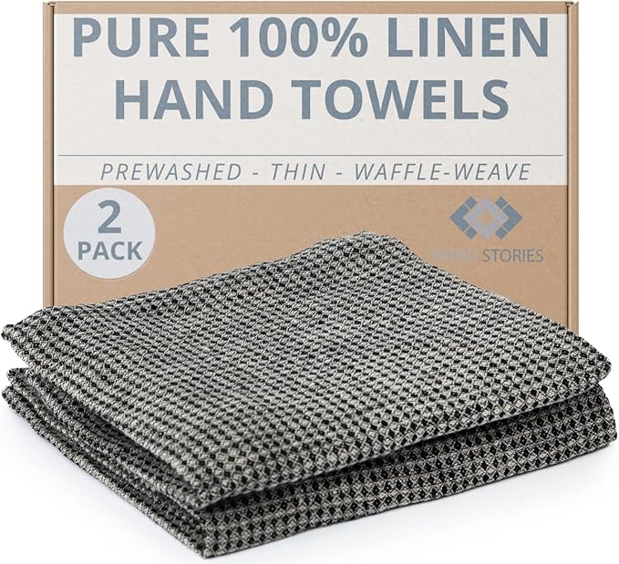 Pure 100% Linen Hand Towels - Set of 2 Linen Kitchen Towels Waffle Weave Black-Natural - 13 x 29-inch Soft Lightweight Stone-Washed Dish Towels - Quick-Dry Tea Towel - Kitchen Linens